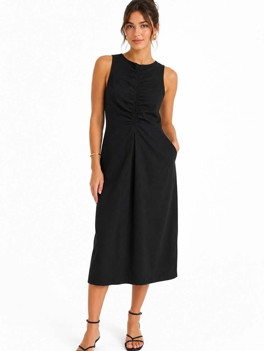 Boden Black Ruched Midi Dress Petite 10 Sleeveless Back Zip Classic Minimalist